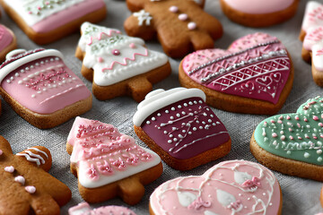 Christmas gingerbread cookies beautifully decorated with icing