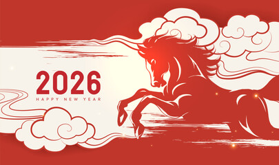 Horizontal illustration of the Chinese New Year of the Horse