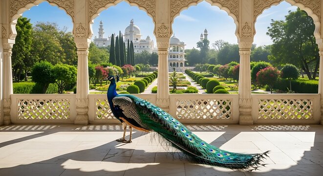 Peacock at Mehtab Bagh with Taj Mahal view in Agra, India.