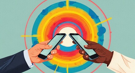 Diverse hands connect globally using smartphones, exchanging vibrant digital information and data