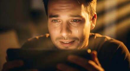 A young man with tears in his eyes looking at a smartphone screen, conveying a strong emotional reaction or distress in a dimly lit environment
