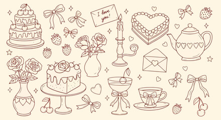 Handdrawn vintage cake, tea, and gift collection with floral and heart motifs in beige tones