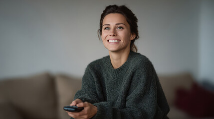 stylish photograph features smiling person holding tv remote surrounded by blurred scene of ar movie titles on