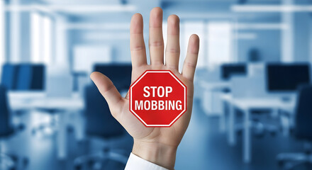 Hand displays a stop mobbing sign in an office setting promoting workplace safety and antibullying initiatives for a positive and respectful work environment with awareness