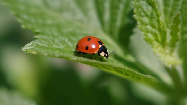 A vibrant red ladybug with black spots rests peacefully on a bright green leaf in a natural outdoor setting.