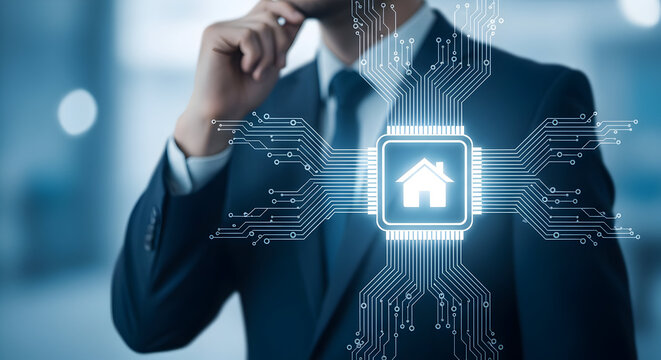 Businessman in a suit with a digital house icon and circuit board design overlay representing smart home technology automation iot solutions and modern real estate innovation