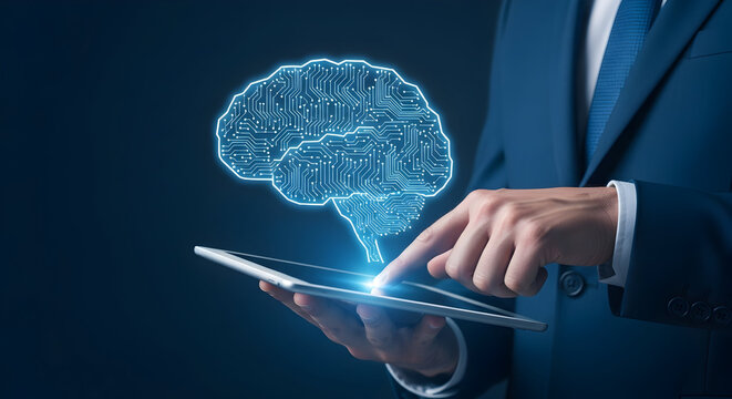Man in a suit uses a tablet displaying a digital brain representing artificial intelligence and modern technology for business applications and innovative solutions in the digital age - Powered by Adobe