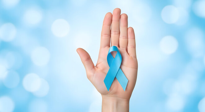 Hand holding a light blue ribbon for prostate cancer awareness on a bokeh background symbolizing support hope and early detection for men's health and wellbeing initiatives