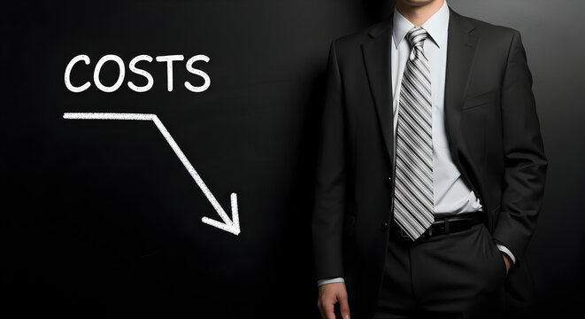 Businessman standing next to a chalkboard with a downward trending arrow and the word costs representing financial loss budget cuts and economic downturn in the business sector