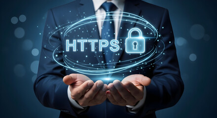 Businessman presents https security concept with glowing padlock and text in his hands symbolizing data protection encryption cybersecurity and secure online transactions for business