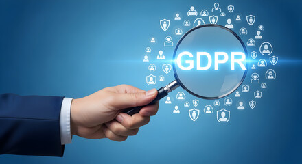 Gdpr compliance check with magnifying glass on blue background highlighting data protection and privacy regulations for business security and legal adherence in europe