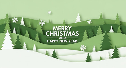 Merry christmas and happy new year paper art landscape