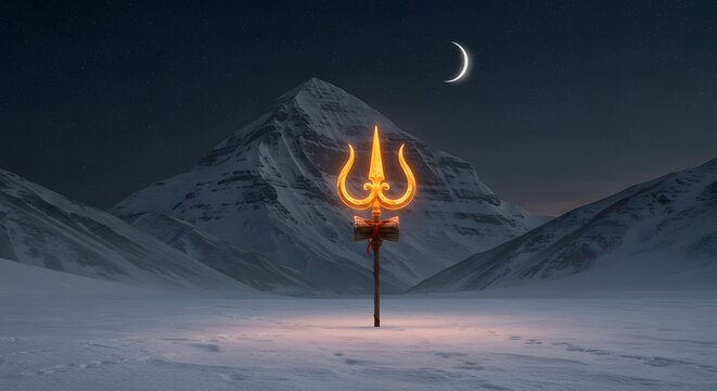 Shivas Trishul in a Snowy Landscape Under a Crescent Moon, Spiritual Art