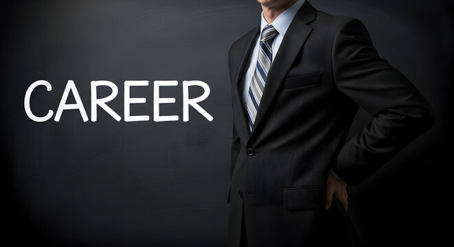 Professional businessman in a suit stands next to the word career written in white on a dark background symbolizing job growth success and opportunities for advancement in the workplace