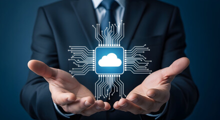 Businessman presents cloud computing technology with circuit board design showcasing data storage and digital transformation solutions in a modern techdriven business environment