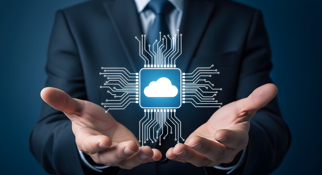 Businessman presents cloud computing technology with circuit board design showcasing data storage and digital transformation solutions in a modern techdriven business environment - Powered by Adobe