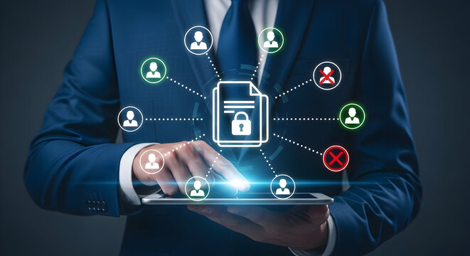 Businessman in a suit uses a tablet displaying a secure document with user access icons representing data protection privacy cybersecurity and network management in a corporate setting