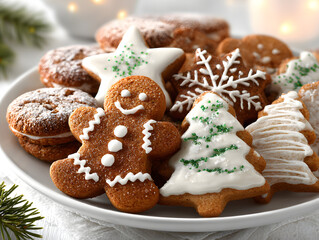 Plate filled with Christmas cookies, including gingerbread men, stars, and trees on a white background. PNG transparent.
