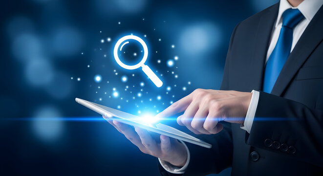 Businessman in a suit uses a digital tablet with a magnifying glass icon representing search analysis and data exploration in a modern technologydriven business environment for success
