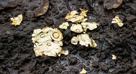 Close-up of yellowish fungi growing on damp soil with decayed leaves and organic matter in a natural environment