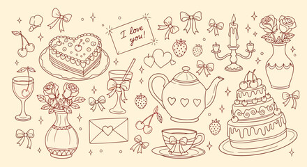 Handdrawn valentines day elements with hearts, cakes, and tea set in pastel style