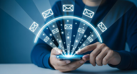 Person using smartphone with email icons showcasing digital communication and connectivity for business and personal use highlighting technology and modern lifestyle emphasizing speed and efficiency