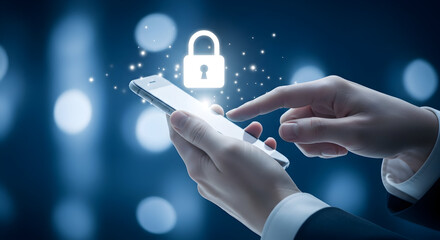 Person secures mobile device with digital padlock ensuring data privacy and protection against cyber threats in a modern technological landscape with advanced security features and encryption
