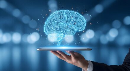 Digital brain hologram displayed on a tablet held by a person representing artificial intelligence machine learning and innovative technology solutions for business and healthcare applications
