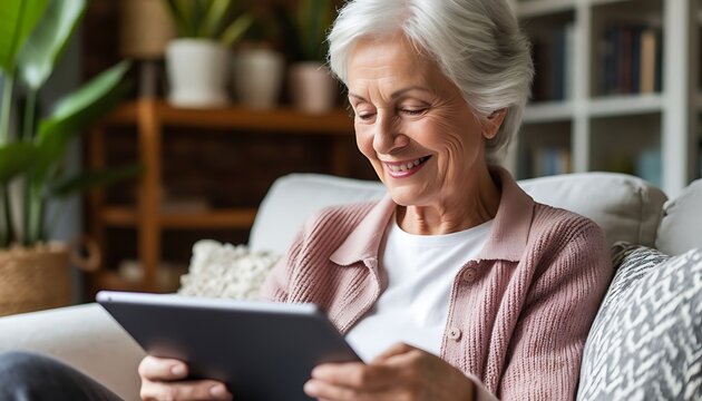 Happy senior woman relaxing on a sofa, looking at a digital tablet. Representing seniors using technology, remote learning - Powered by Adobe