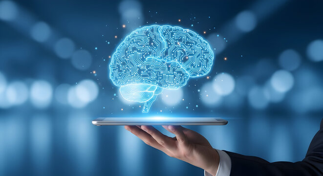 Digital brain hologram displayed on a tablet held by a person representing artificial intelligence machine learning and innovative technology solutions for business and healthcare applications