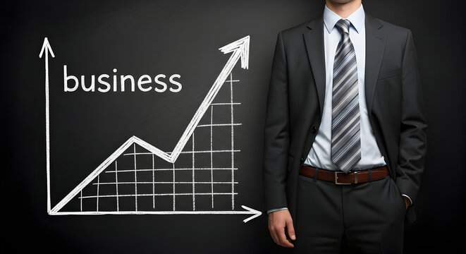 Businessman stands beside a chalkboard with a handdrawn business growth chart illustrating success and financial progress in a visual representation of market trends and economic development