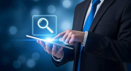 Businessman in suit using a tablet for search showcasing technology and business solutions with a magnifying glass icon on a blue background ideal for digital marketing and corporate presentations