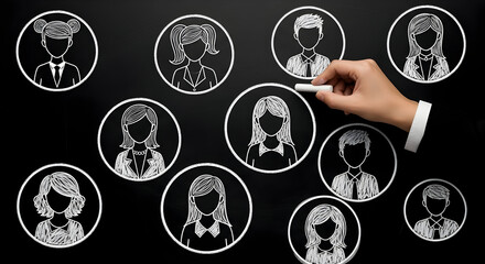 Hand drawing network of diverse people on a chalkboard illustrating connection teamwork and social media engagement with chalk art representing community and collaboration in business