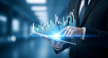 Businessman analyzes stock market data on a tablet showcasing financial growth and investment strategies with interactive charts and graphs in a modern professional setting for business success