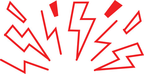 Dynamic red lightning bolt symbols and jagged lines bursting outward on white background.