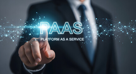 Businessman touching PaaS platform as a service technology with digital network connection representing cloud computing data management and innovative solutions for business growth and scalability