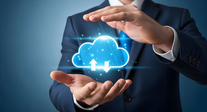 Businessman presenting cloud computing technology with data transfer arrows showcasing digital transformation and innovative solutions for business growth and secure data management