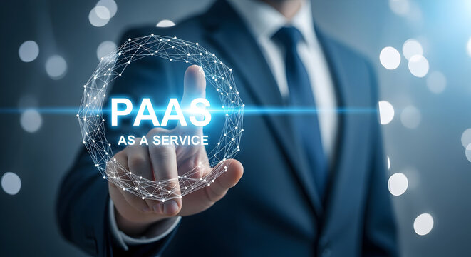 Businessman interacts with a digital interface displaying "PAAS as a Service" with a glowing network showcasing cloud computing and platform solutions for modern business technology and innovation