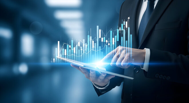 Businessman analyzes stock market data on a tablet showcasing financial growth and investment strategies with interactive charts and graphs in a modern professional setting for business success - Powered by Adobe