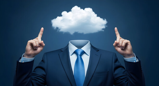 Headless businessman in a suit points upwards to a cloud symbolizing cloud computing data storage and innovative solutions for business and technology in the digital age