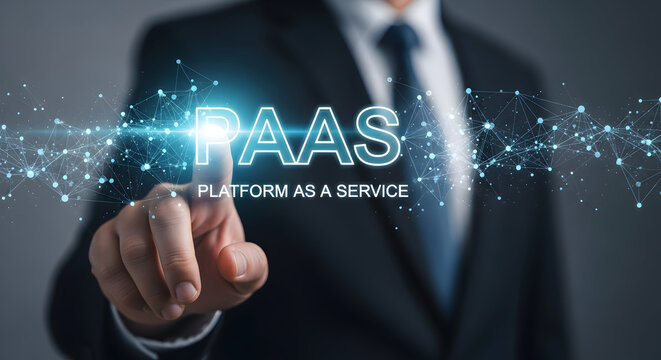 Businessman touching PaaS platform as a service technology with digital network connection representing cloud computing data management and innovative solutions for business growth and scalability