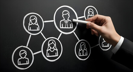 Hand drawing a network diagram with chalk on a blackboard illustrating team connections and organizational structure for business strategy and social media marketing concepts
