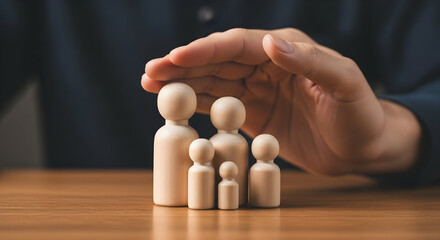 Hand protects wooden figures representing a family on a wooden table symbolizing family protection insurance and security for future well being and financial safety planning