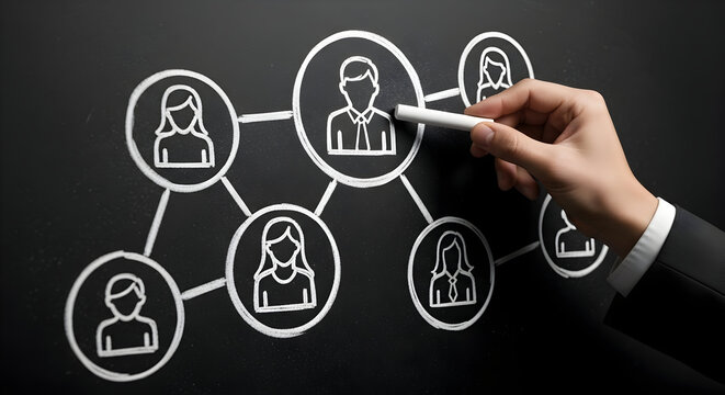 Hand drawing a network diagram with chalk on a blackboard illustrating team connections and organizational structure for business strategy and social media marketing concepts