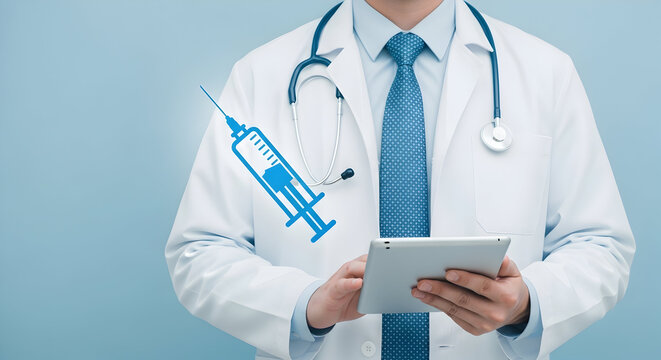 Doctor in a white coat holding a tablet with a syringe graphic overlay representing healthcare technology and medical innovation for vaccine information and patient care solutions online