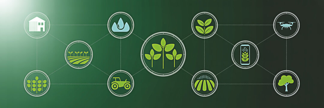 Smart agriculture technology concept featuring icons representing farming crops drone monitoring irrigation and sustainable practices for modern agricultural innovation and efficiency - Powered by Adobe
