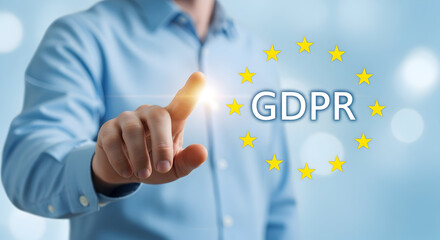 Man's hand interacts with a digital gdpr interface highlighting data privacy and compliance with european union regulations in a modern technologydriven environment for business solutions