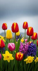 Vibrant Spring Flowers - A Colorful Display of Tulips and Daffodils.