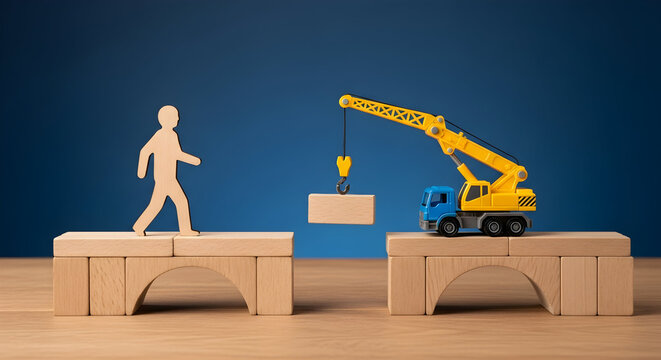 Wooden figure walking on blocks towards a crane filling the gap symbolizing problemsolving construction and overcoming obstacles with strategic solutions and building bridges to success