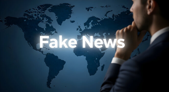 Man contemplates "Fake News" displayed over a world map representing the global spread of misinformation and the need for critical thinking in media consumption and awareness of digital literacy issue